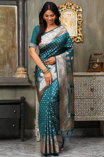 sea green color zari woven banarasi art silk saree