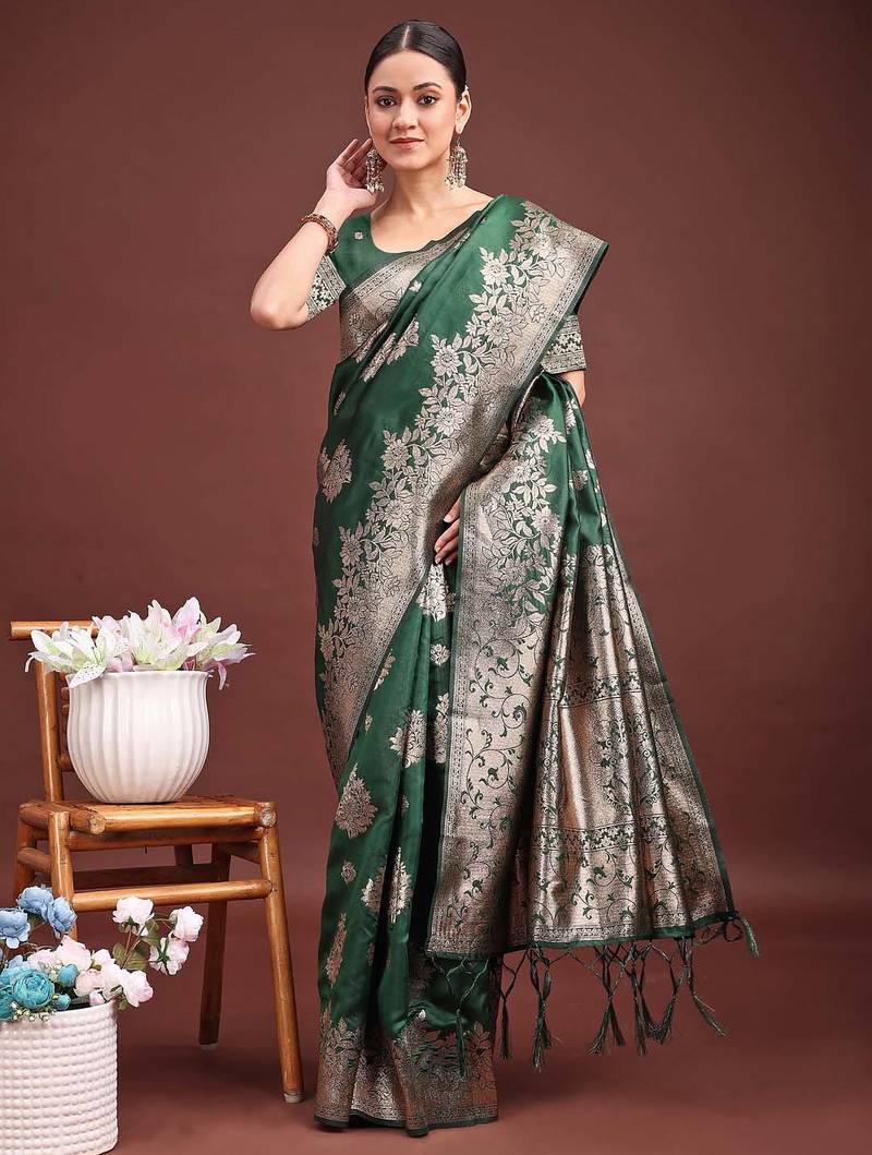 dark green color zari woven banarasi art silk saree