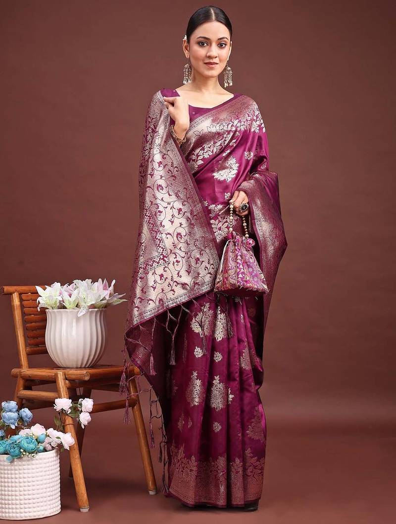 purple color zari woven banarasi art silk saree