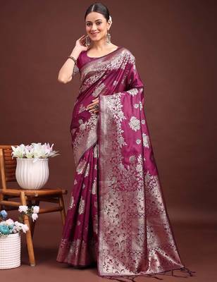 purple color zari woven banarasi art silk blend saree 2