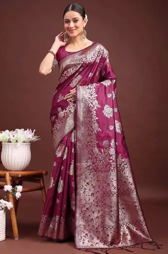 purple color zari woven banarasi art silk blend saree