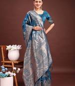 teal blue color zari woven banarasi art silk saree