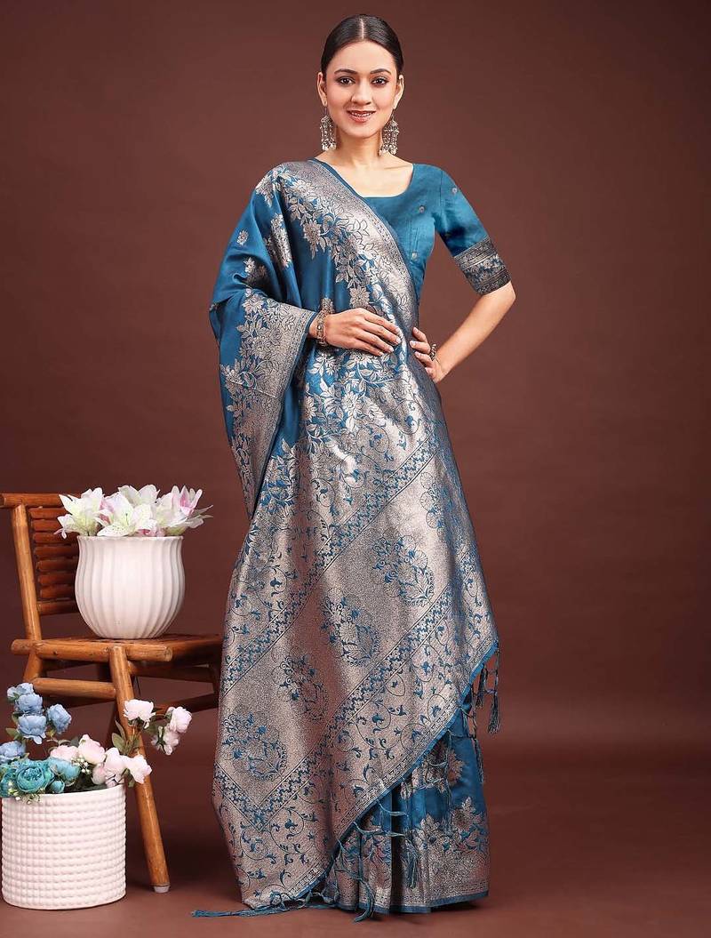 teal blue color zari woven banarasi art silk saree