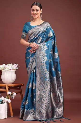 teal blue color zari woven banarasi art silk blend saree