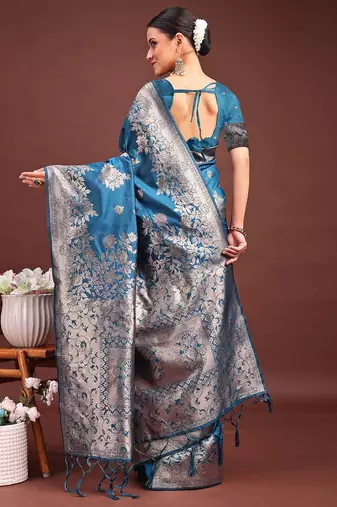 teal blue color zari woven banarasi art silk blend saree