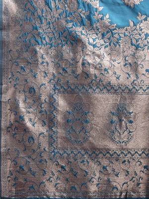 teal blue color zari woven banarasi art silk blend saree 4
