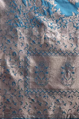 teal blue color zari woven banarasi art silk blend saree