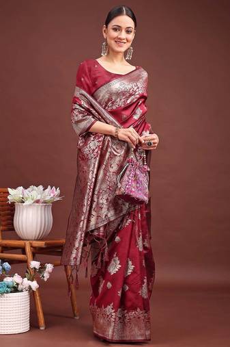 maroon color zari woven banarasi art silk saree