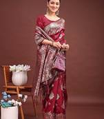 maroon color zari woven banarasi art silk saree