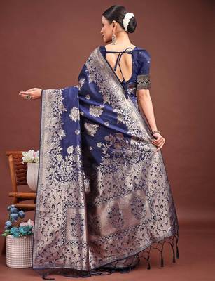 navy blue color zari woven banarasi art silk blend saree 3