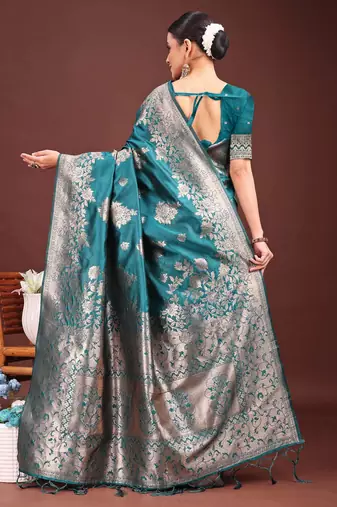 sea green color zari woven banarasi art silk blend saree