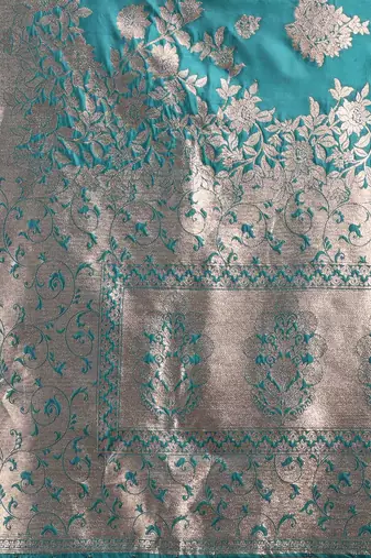 sea green color zari woven banarasi art silk blend saree