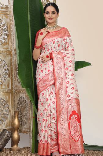 white & red color zari woven linen cotton art silk saree