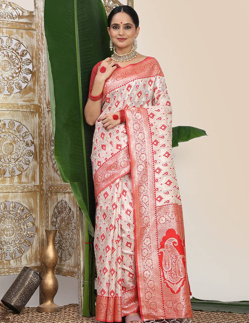 white & red color zari woven linen cotton art silk saree