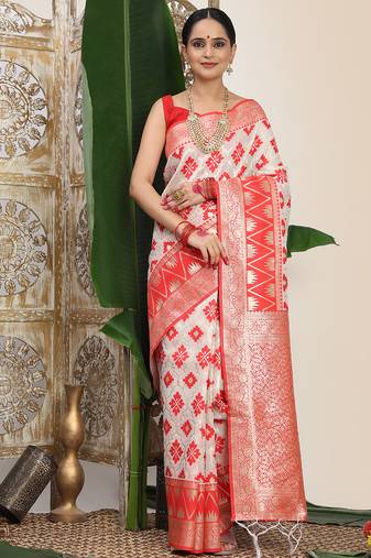 white & red color zari woven linen cotton art silk saree