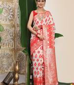 white & red color zari woven linen cotton art silk saree