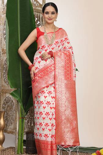 white & red color zari woven linen cotton art silk saree