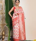 white & red color zari woven linen cotton art silk saree