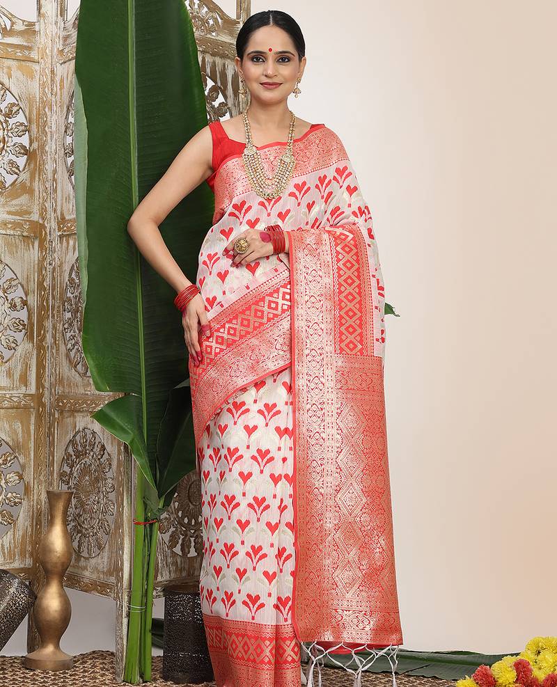 white & red color zari woven linen cotton art silk saree