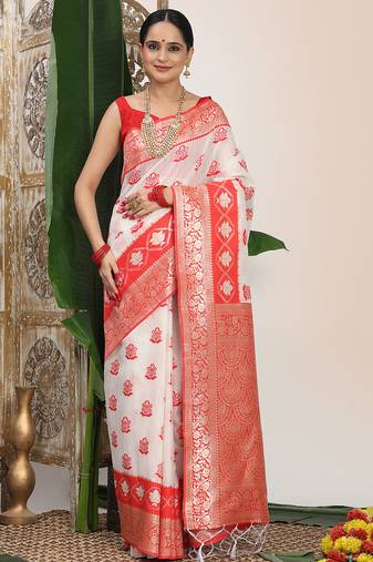 white & red color zari woven linen cotton art silk saree