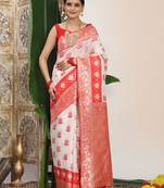 white & red color zari woven linen cotton art silk saree