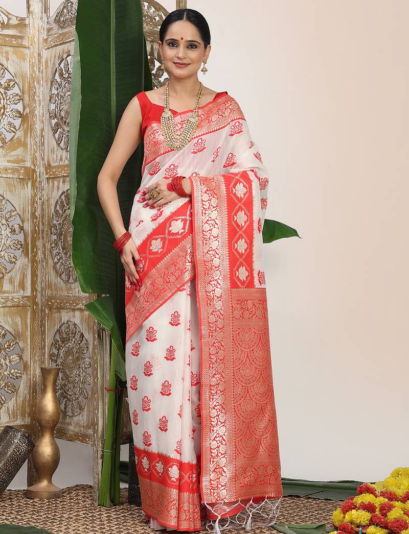 white & red color zari woven linen cotton art silk saree