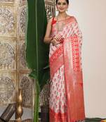white & red color zari woven linen cotton art silk saree