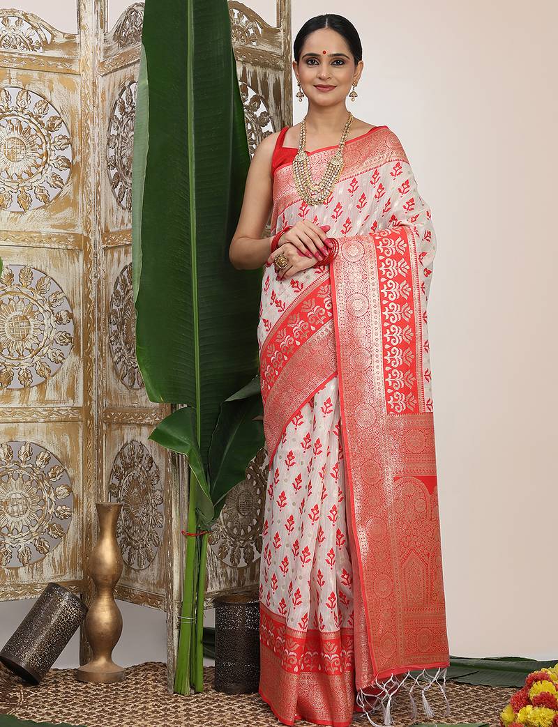 white & red color zari woven linen cotton art silk saree