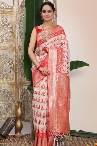 white & red color zari woven linen cotton art silk saree