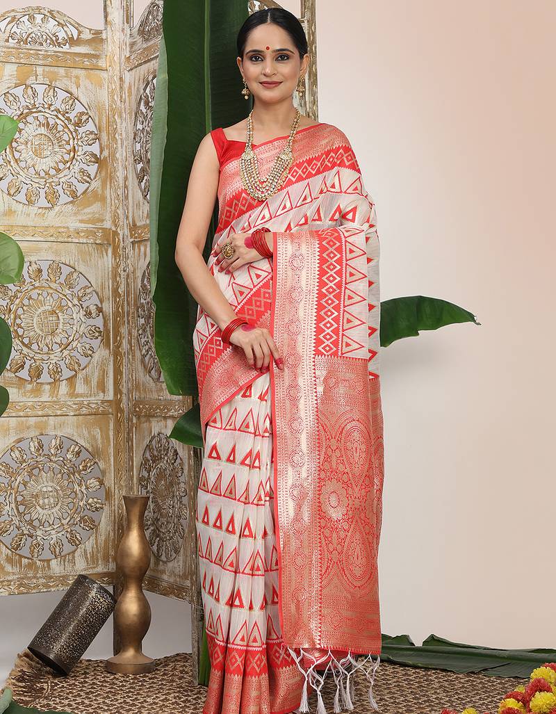 white & red color zari woven linen cotton art silk saree