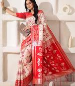 white & red color zari woven linen cotton art silk saree