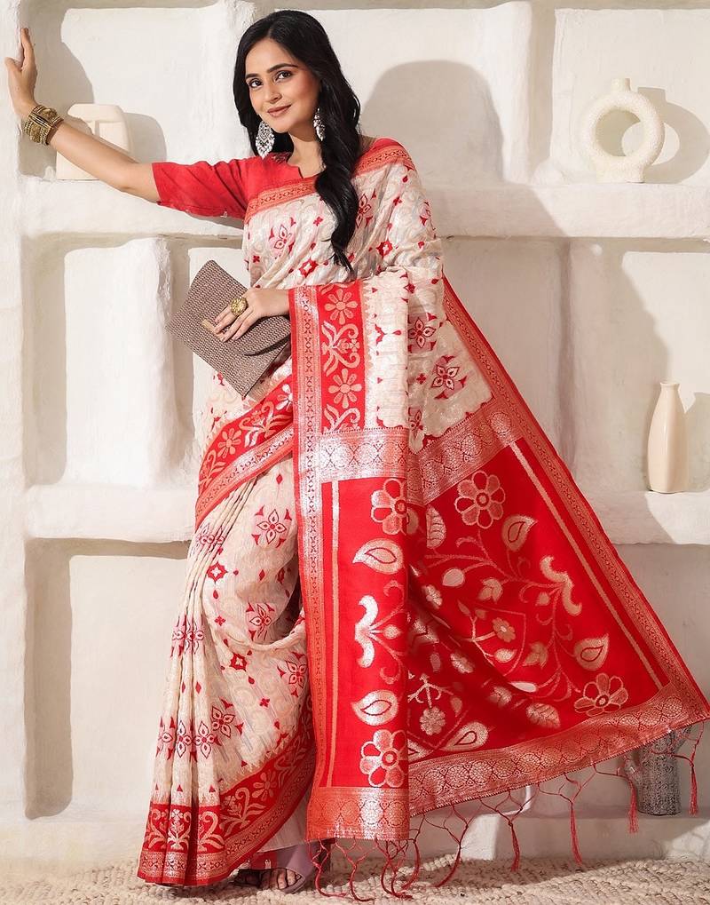 white & red color zari woven linen cotton art silk saree
