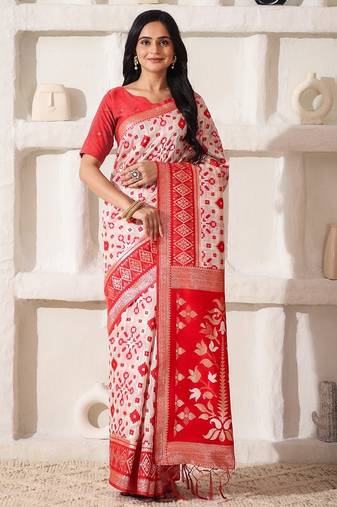 white & red color zari woven linen cotton art silk saree