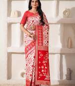white & red color zari woven linen cotton art silk saree
