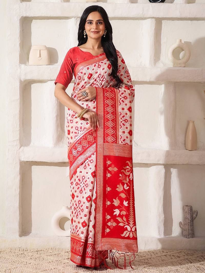 white & red color zari woven linen cotton art silk saree