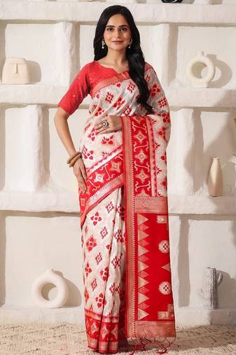 white & red color zari woven linen cotton art silk saree