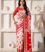 white & red color zari woven linen cotton art silk saree