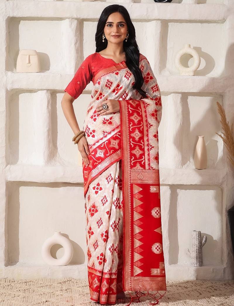 white & red color zari woven linen cotton art silk saree