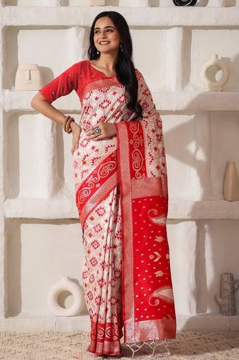 white & red color zari woven linen cotton art silk saree