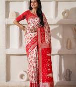 white & red color zari woven linen cotton art silk saree