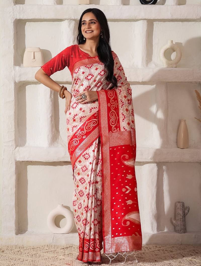 white & red color zari woven linen cotton art silk saree
