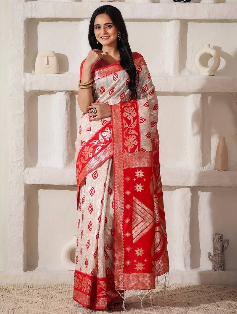 white & red color zari woven linen cotton art silk saree