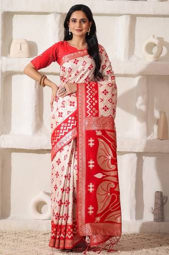 white & red color zari woven linen cotton art silk saree