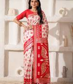 white & red color zari woven linen cotton art silk saree