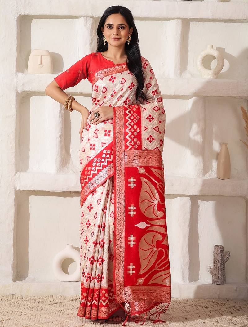 white & red color zari woven linen cotton art silk saree