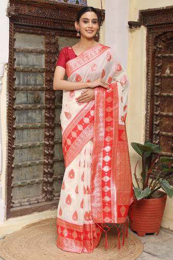 white & red color zari woven linen cotton art silk saree