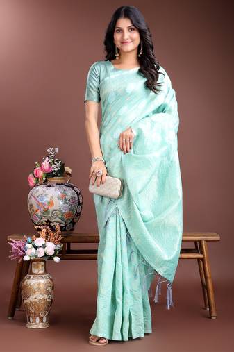 sea green cotton woven work saree