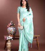 sea green cotton woven work saree