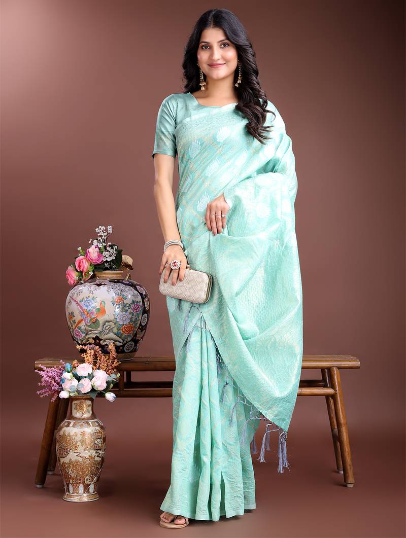 sea green cotton woven work saree