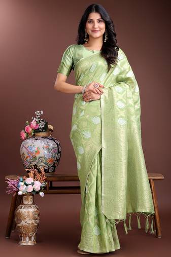 light green cotton woven work saree